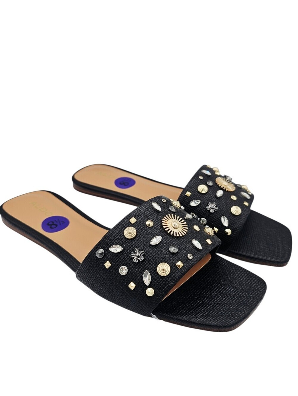 ALDO Itsandal Black Slide Sandals with Studded Rhinestones Embellishments NWOT